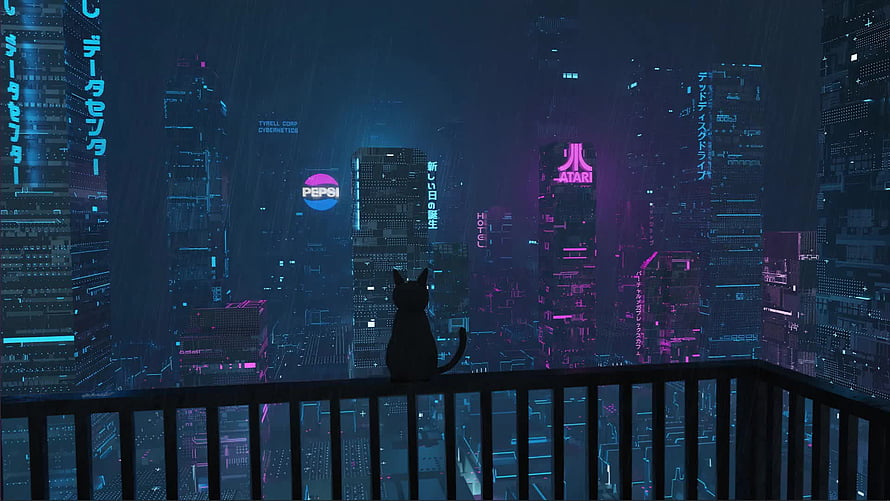 Black Cat Silhouette on Balcony Overlooking Neon Cyberpunk City at Night HD wallpaper
