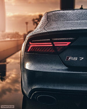 Audi RS7 Rear Taillight Close-Up with Rain Droplets at Golden Hour HD phone wallpaper
