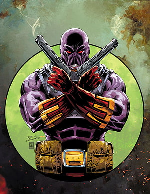 Bane Comic Book Illustration with Crossed Pistols and Purple Suit HD phone wallpaper