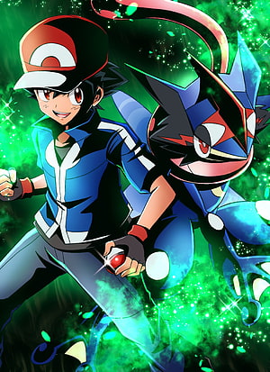 Ash and Greninja in Dynamic Action Pose with Green Energy Background HD phone wallpaper