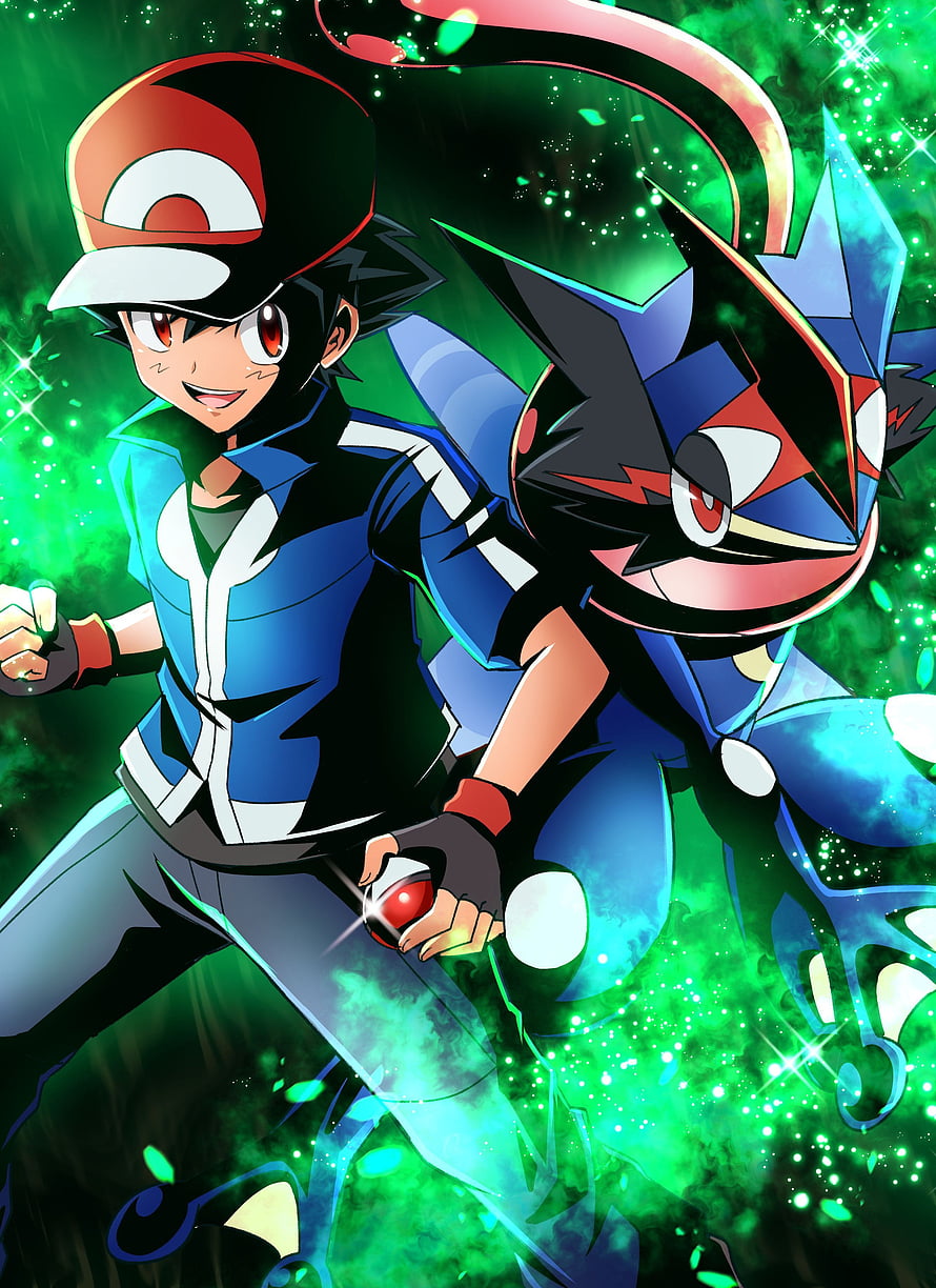 Ash and Greninja in Dynamic Action Pose with Green Energy Background HD phone wallpaper