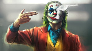 Joker Character Digital Art Portrait in Red Suit and Clown Makeup HD wallpaper