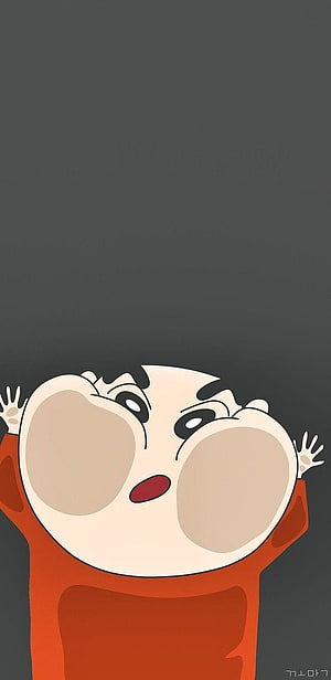 Shinchan Anime Character with Puffed Cheeks in Red Shirt on Dark Background HD phone wallpaper