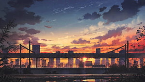 Anime Style Cityscape at Sunset with Train Tracks and Dramatic Clouds HD wallpaper