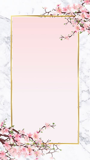 Elegant Pastel Pink Floral Frame with Gold Border and Marble Background HD phone wallpaper