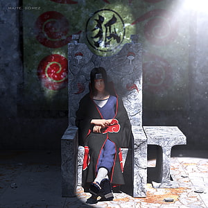 Itachi Uchiha Seated on Stone Throne in Akatsuki Robe with Sharingan Eyes HD phone wallpaper