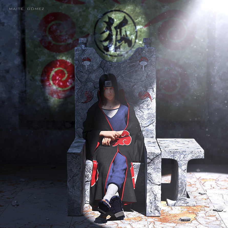 Itachi Uchiha Seated on Stone Throne in Akatsuki Robe with Sharingan Eyes HD phone wallpaper