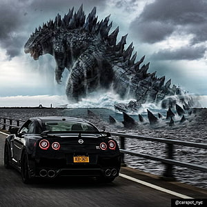 Black Nissan GT-R on Coastal Highway with Godzilla Rising from the Sea HD phone wallpaper