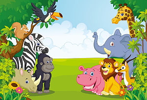 Colorful Cartoon Jungle Animals Gathering in a Lush Green Savanna Landscape HD wallpaper