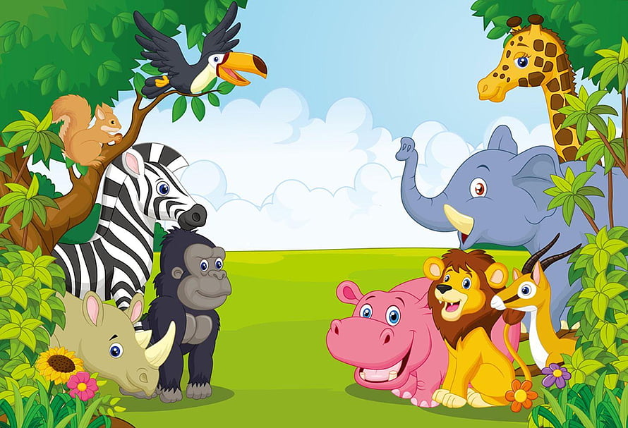 Colorful Cartoon Jungle Animals Gathering in a Lush Green Savanna Landscape HD wallpaper