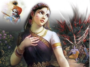 Radha Rani in Traditional Indian Attire with Krishna Playing Flute HD wallpaper