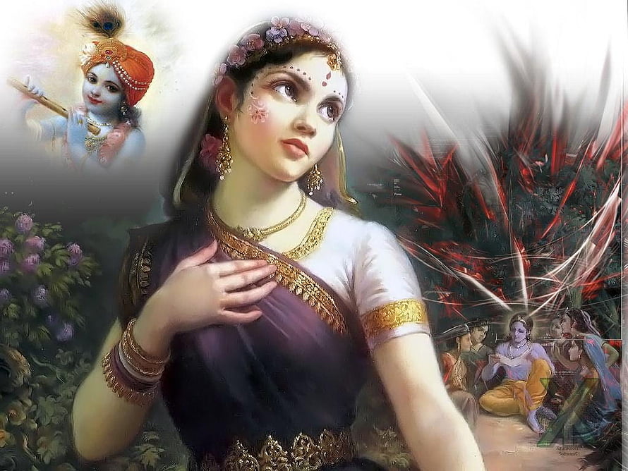 Radha Rani in Traditional Indian Attire with Krishna Playing Flute HD wallpaper