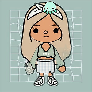 Cute Cartoon Girl with Octopus Hair Clip and Plaid Skirt on Mint Background HD phone wallpaper