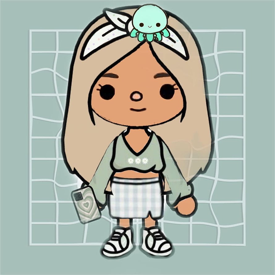 Cute Cartoon Girl with Octopus Hair Clip and Plaid Skirt on Mint Background HD phone wallpaper