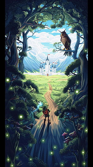 Zelda and the Owl Gazing at Hyrule Castle Through a Glowing Forest Path HD phone wallpaper