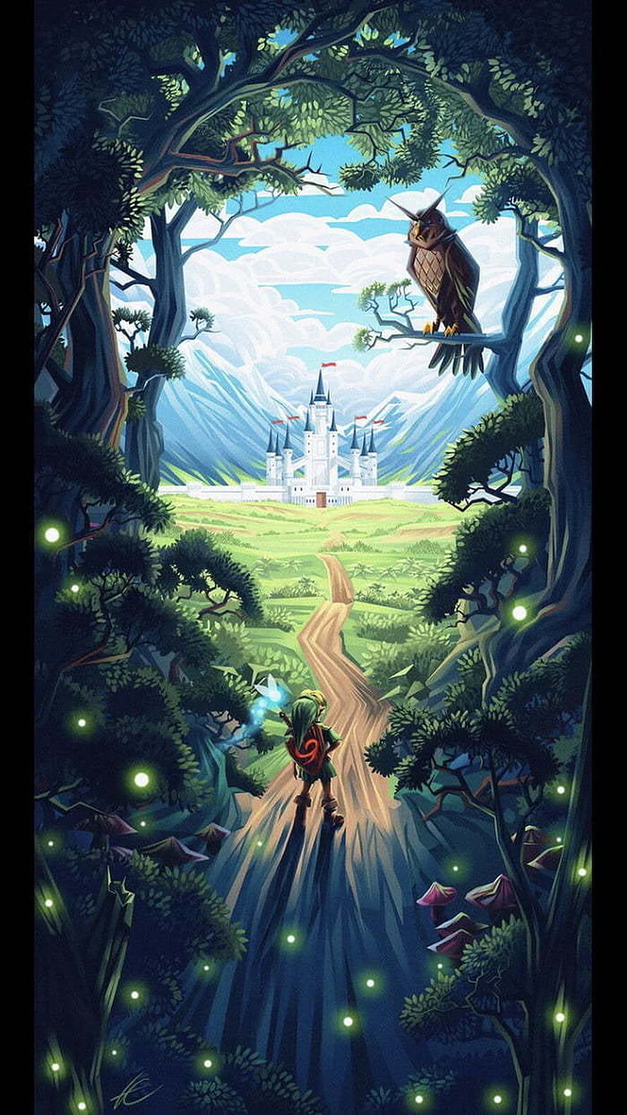Zelda and the Owl Gazing at Hyrule Castle Through a Glowing Forest Path HD phone wallpaper