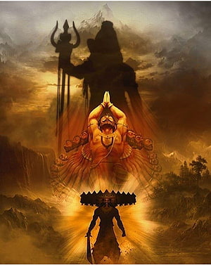 Ravana in Cosmic Form with Shiva and Vishnu in Epic Mythological Illustration HD phone wallpaper