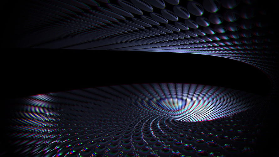 Dark Abstract 3D Tunnel with Glowing Spiral Pattern and Chromatic Aberration HD wallpaper