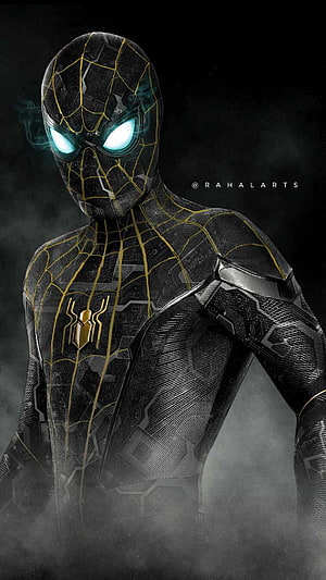 Spider-Man Black and Gold Suit Concept Art with Glowing Eyes HD phone wallpaper