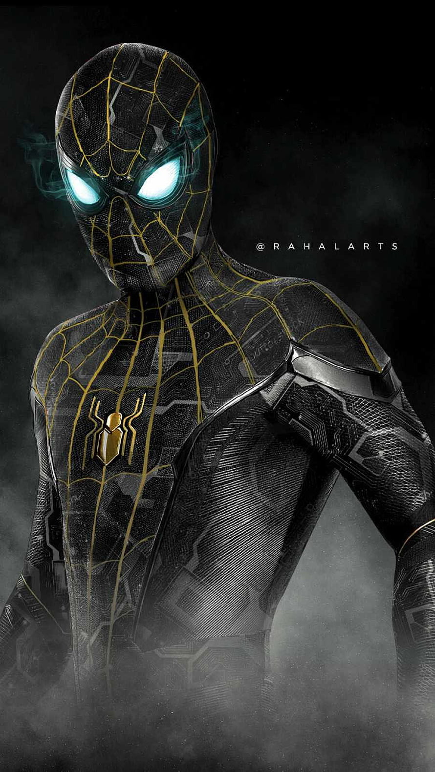 Spider-Man Black and Gold Suit Concept Art with Glowing Eyes HD phone wallpaper