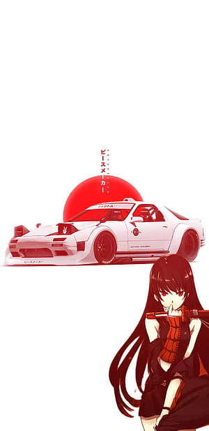 Anime Girl with Katana and White JDM Sports Car Against Red Sun HD phone wallpaper