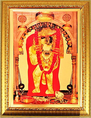 Mehandipur Balaji Temple Deity Framed Artwork with Gold Ornate Border and Red Backdrop HD phone wallpaper