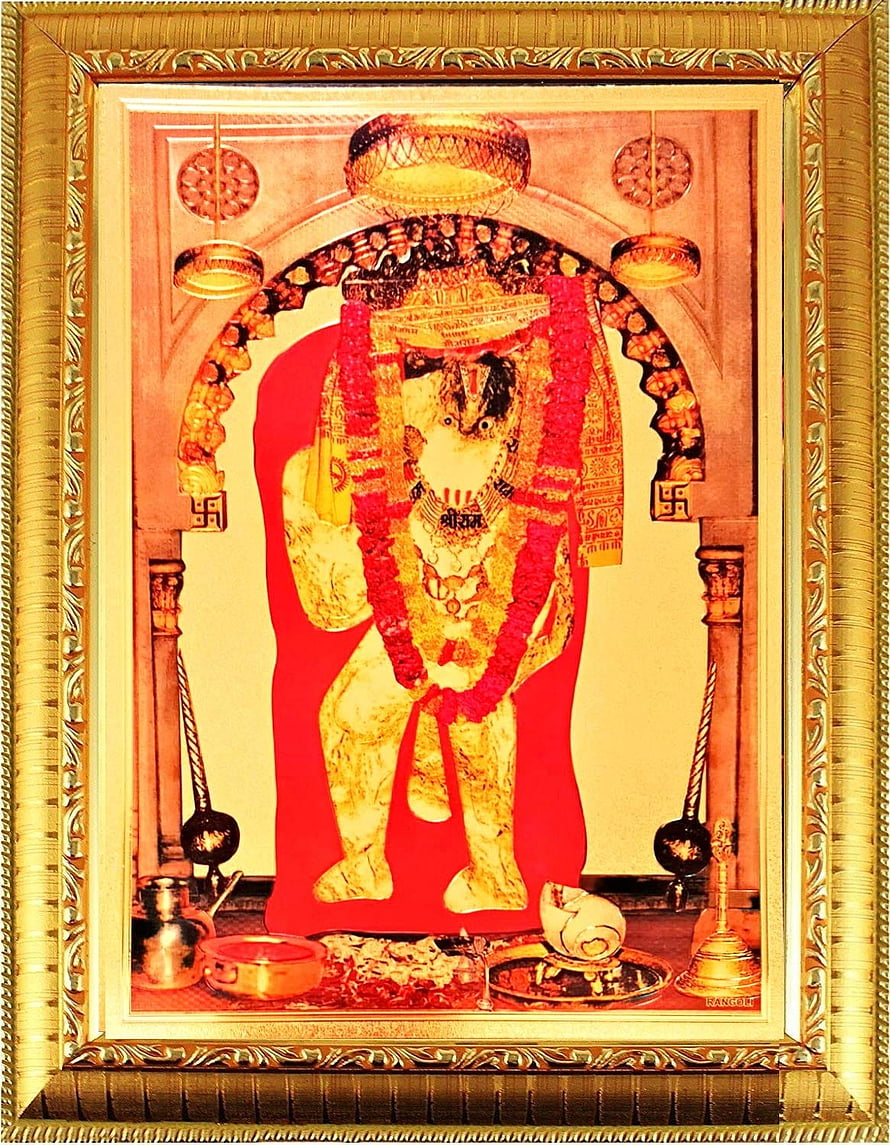 Mehandipur Balaji Temple Deity Framed Artwork with Gold Ornate Border and Red Backdrop HD phone wallpaper