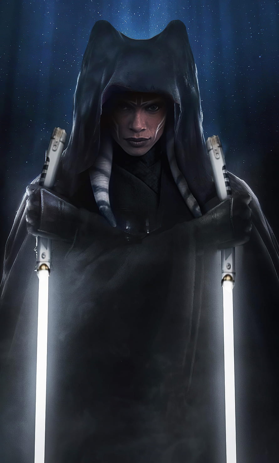 Ahsoka Tano in Dark Hooded Robe Holding Dual White Lightsabers Against Starry Night Sky HD phone wallpaper