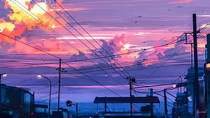 Anime-Style Urban Twilight Skyline with Vibrant Pink Clouds and Power Lines HD wallpaper