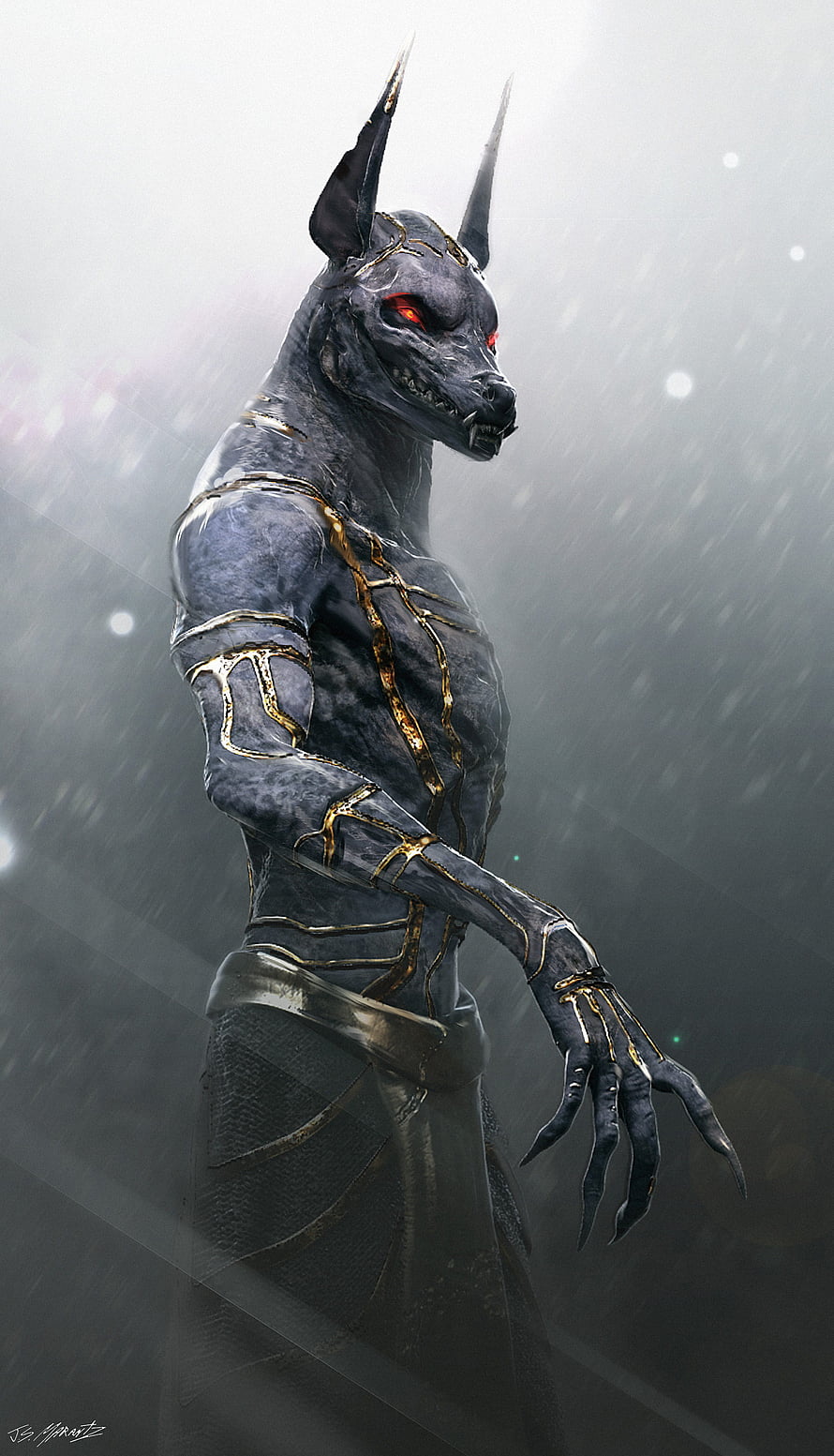 Anubis Digital Art: Dark Egyptian God with Glowing Red Eyes and Gold Accents HD phone wallpaper
