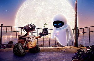 WALL-E and EVE sharing a small plant on a moonlit platform in a post-apocalyptic landscape HD wallpaper