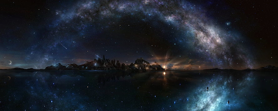 Panoramic Night Sky with Milky Way Reflected in Calm Water and Rocky Island HD wallpaper