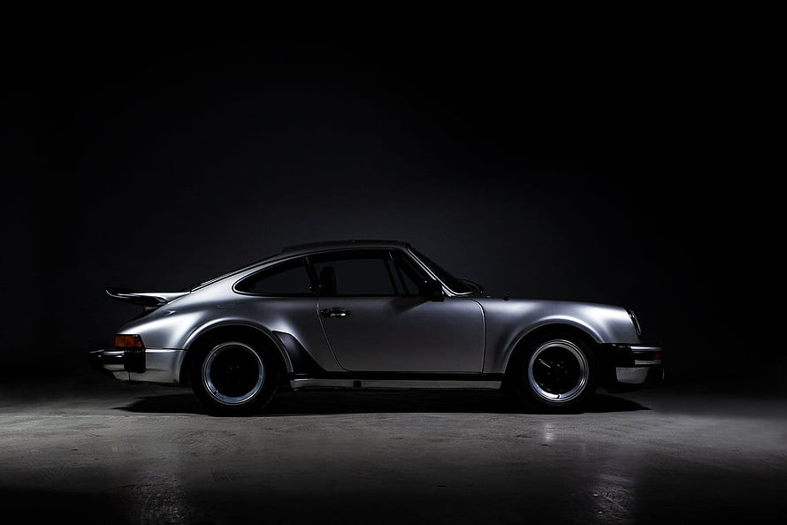 Silver Porsche 930 Turbo Side Profile in Dramatic Studio Lighting HD wallpaper
