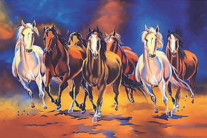Seven Lucky Running Horses Vastu Artwork with Dramatic Sky HD wallpaper