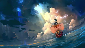 One Piece Thousand Sunny sailing through a dramatic stormy ocean with lightning and dark clouds HD wallpaper