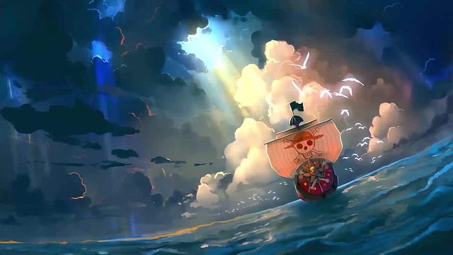 One Piece Thousand Sunny sailing through a dramatic stormy ocean with lightning and dark clouds HD wallpaper