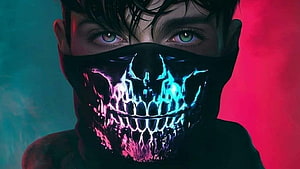 Glowing Skull Mask Portrait With Neon Cyan And Magenta Lighting HD wallpaper