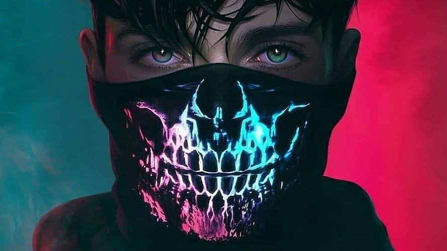 Glowing Skull Mask Portrait With Neon Cyan And Magenta Lighting HD wallpaper