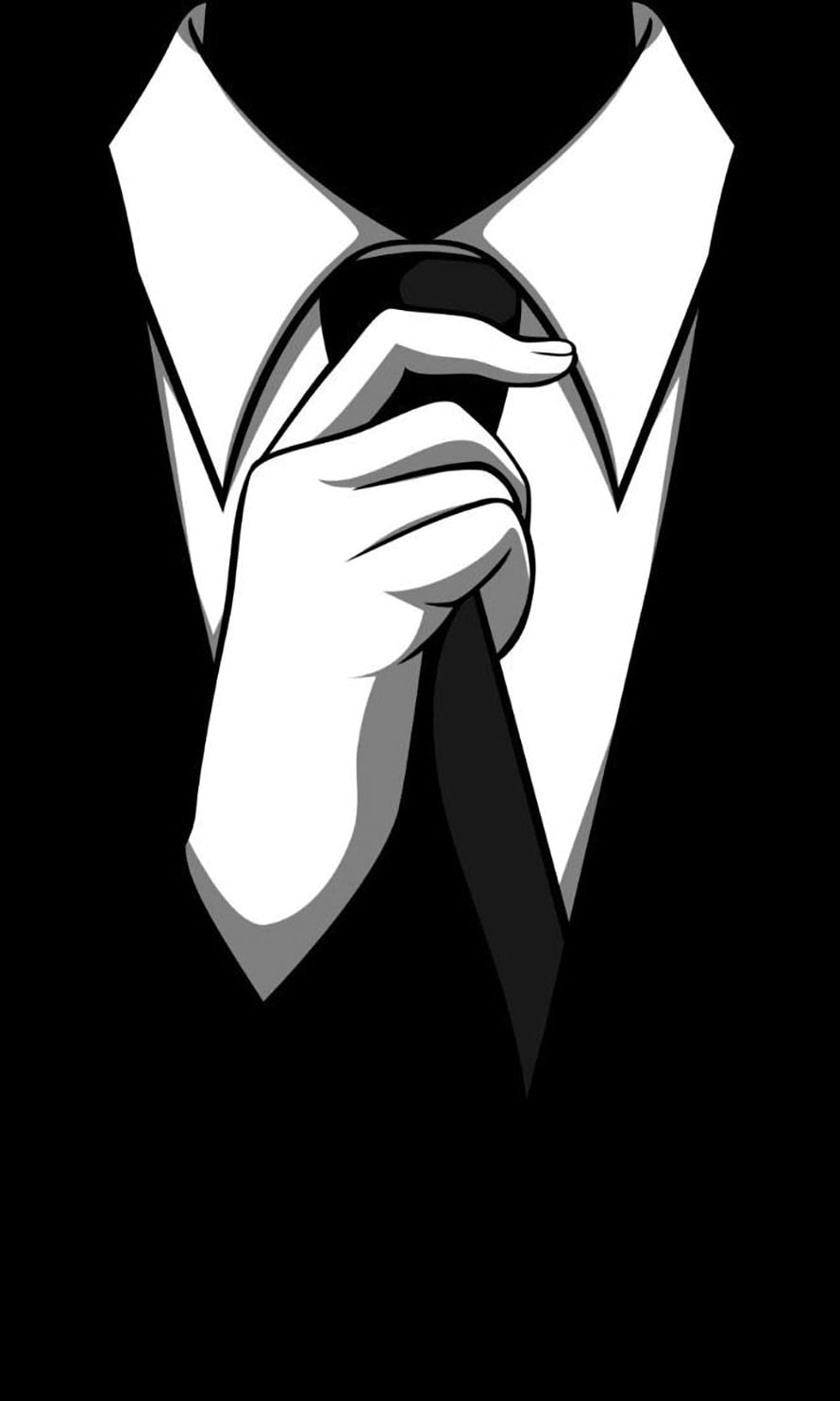 Minimalist Black and White Illustration of a Hand Adjusting a Formal Tie on a Dress Shirt HD phone wallpaper