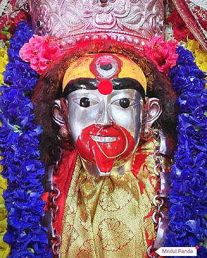 Maa Tara Silver Idol with Red Tongue and Ornate Crown Surrounded by Blue Flowers HD phone wallpaper