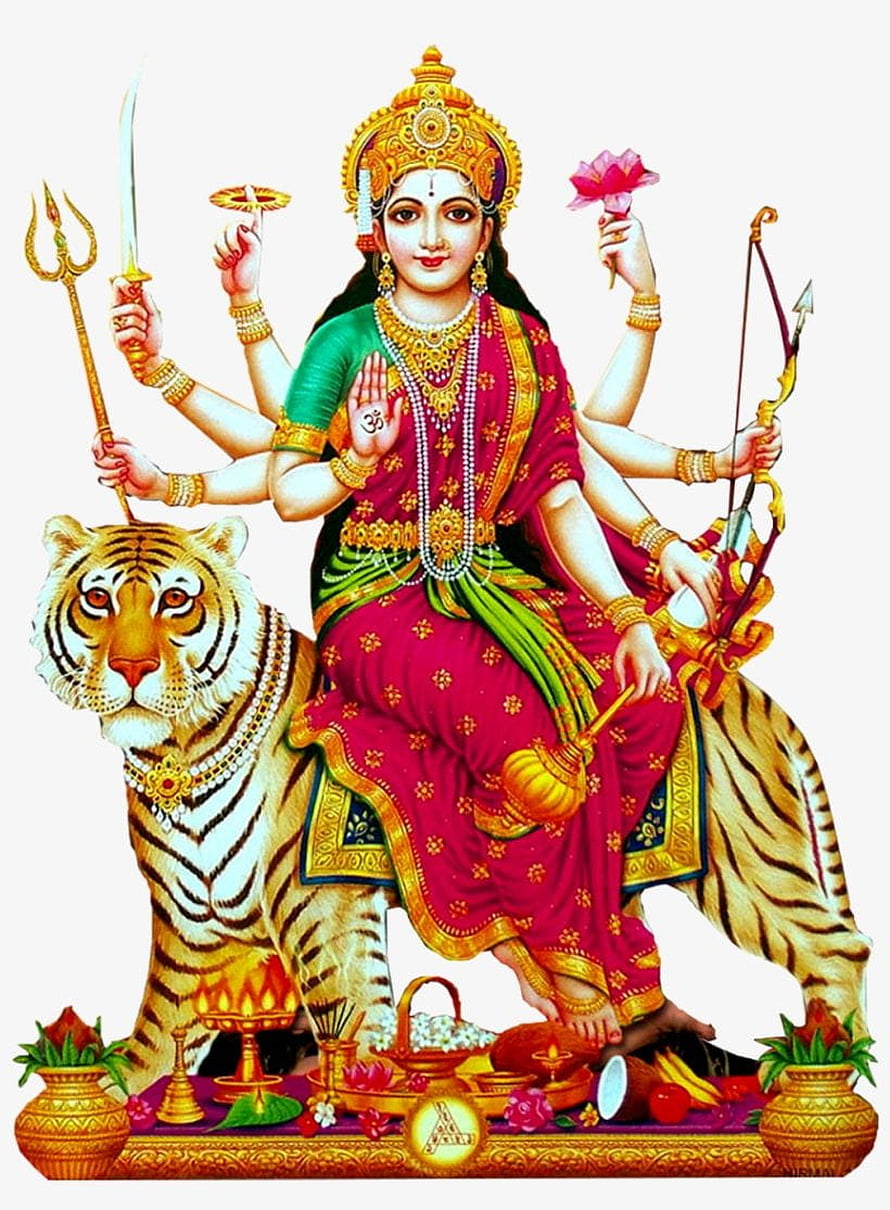 Kanak Durga riding a tiger with multiple arms holding a trident, sword, and bow in traditional Indian art HD phone wallpaper