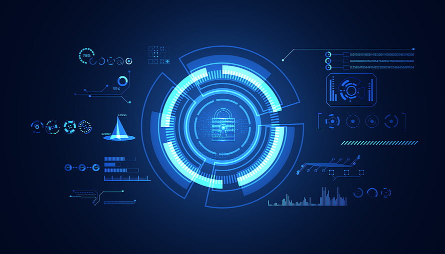 Futuristic Blue Cybersecurity Dashboard with Central Lock Icon and Data Visualization Elements HD wallpaper