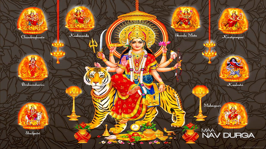 Maa Nav Durga Illustration Featuring Nine Forms of Goddess Durga Riding a Tiger HD wallpaper