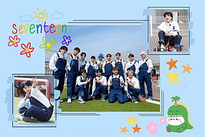 Seventeen K-pop Group in Blue Overalls with Playful Cartoon Doodles and Scrapbook Layout HD wallpaper