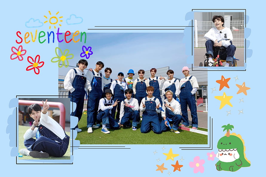 Seventeen K-pop Group in Blue Overalls with Playful Cartoon Doodles and Scrapbook Layout HD wallpaper