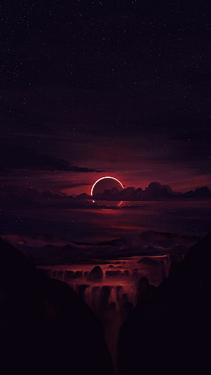 Crimson Eclipse Over Alien Canyon with Starry Night Sky and Glowing Waterfall HD phone wallpaper
