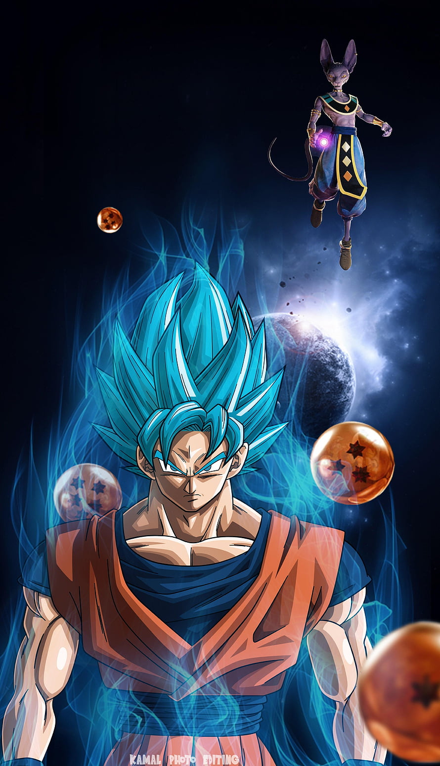 Goku Super Saiyan Blue and Beerus with Dragon Balls in Cosmic Space HD phone wallpaper