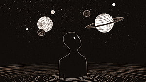 Minimalist silhouette gazing at ringed planets in a starry black and white cosmic scene HD wallpaper