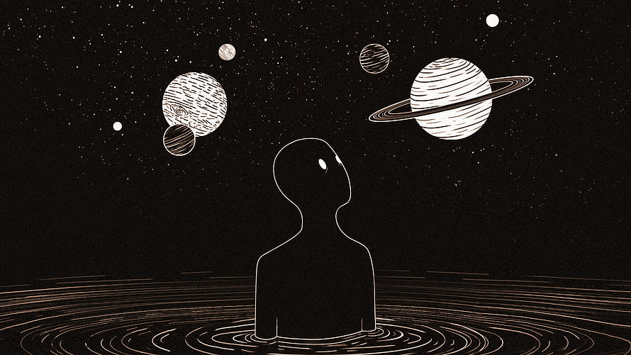 Minimalist silhouette gazing at ringed planets in a starry black and white cosmic scene HD wallpaper