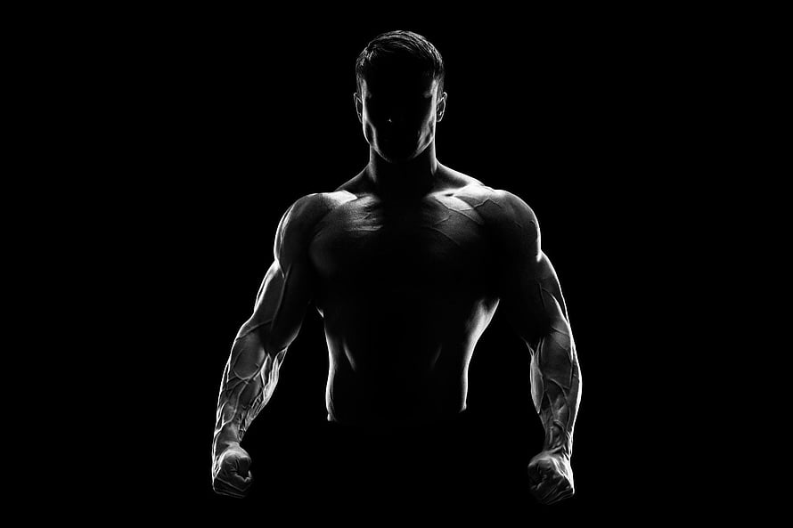 Dramatic Black and White Silhouette of a Muscular Bodybuilder with Defined Anatomy HD wallpaper
